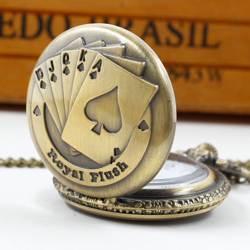 Flip Retro Bronze Poker Card Quartz Pocket Watch Necklace Casual Pendant Fob Pocketwatch Clock Gifts with Chain