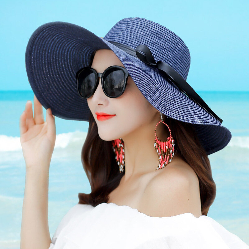 2023 New Simple Foldable Wide Brim Floppy Girls Straw Hat Sun Hat Beach Women Summer Hat UV Protect Travel Cap Lady Cap Female