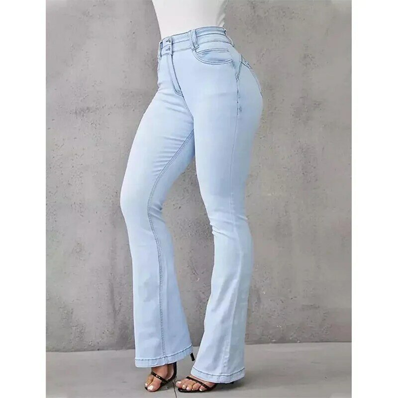 Женские брюки, новинка 2023, модные повседневные женские джинсы средней длины, Облегающие расклешенные брюки с завышенной талией и микро-рогом