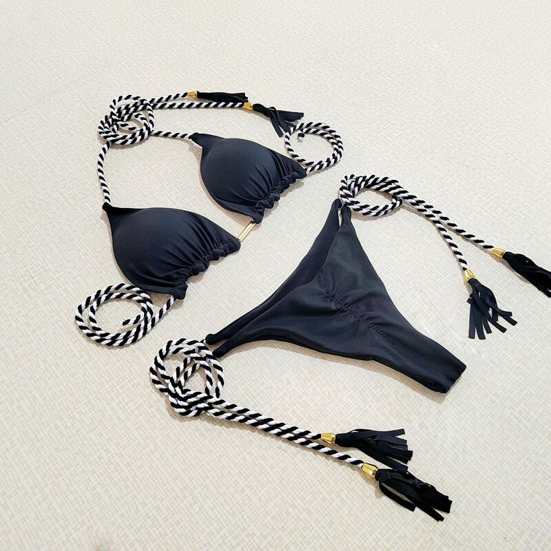 Conjunto de maiô micro biquíni feminino, roupa de banho azul borla, tanga feminina, roupa de banho, moda praia, biquíni sexy, 2022
