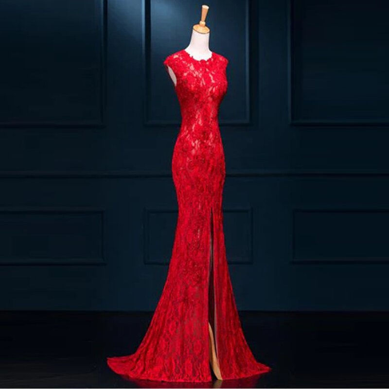 Red Wedding Dress Mermaid Lace Long Sleeveless Bridal Gowns Custom Made Vestidos