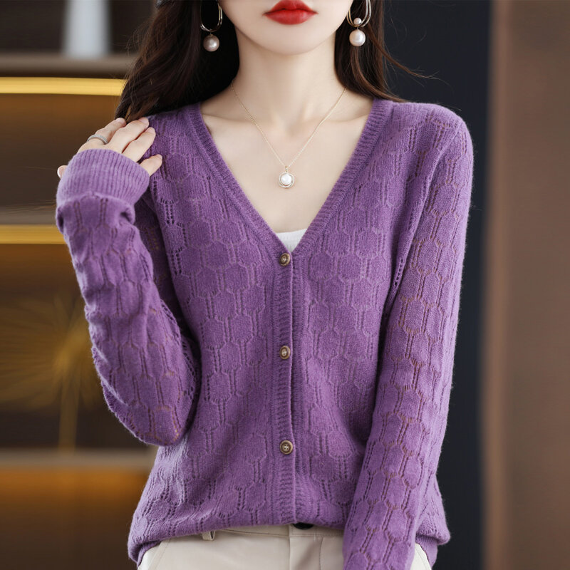 Cárdigan de lana 100% australiana para mujer, prenda de vestir de manga larga con huecos, versátil, temperamento ligero y lujoso de gran valor para exteriores