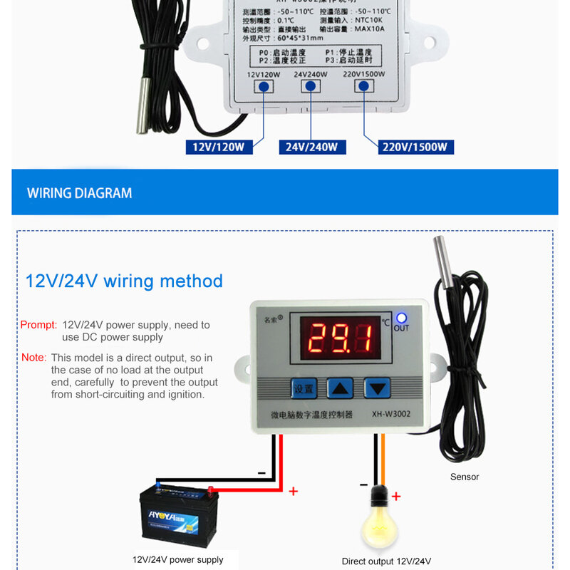 Commutateur de contrôle de température à affichage numérique pour micro-ordinateur, thermostat W, capteur NTC, W3001, 12V-220V, 120W