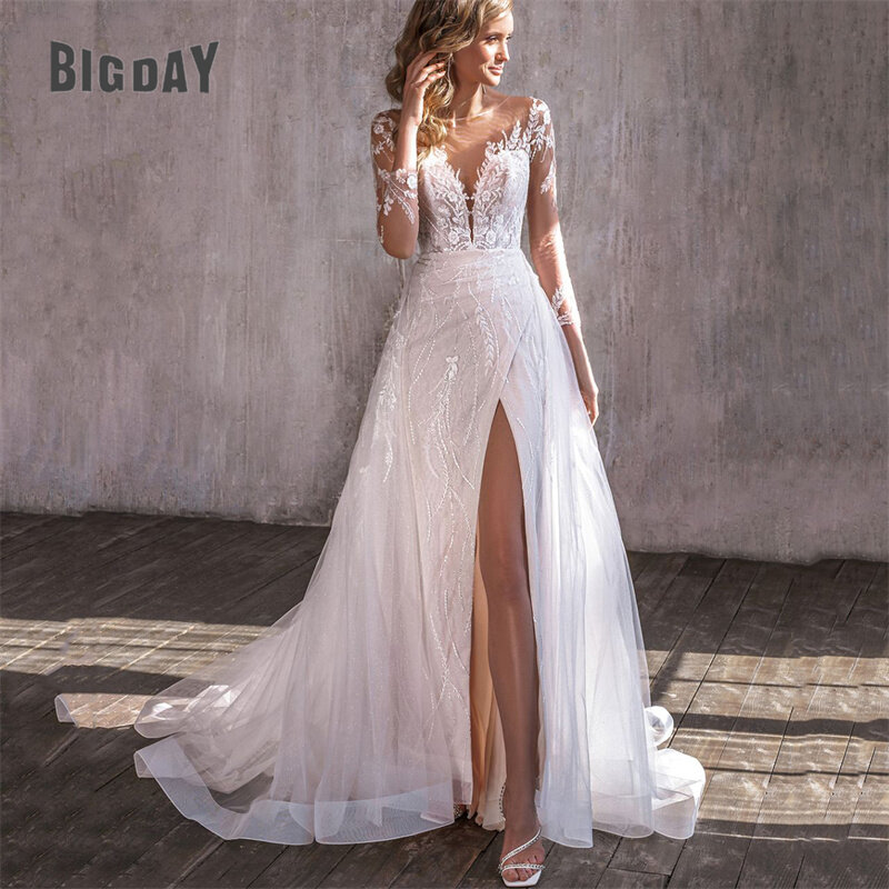 Elegant Luxury Wedding Dress Women 2024 Lace Illusion Back Long Sleeve Sweetheart Bridal Gown Detachable Train Vestidos De Noiva
