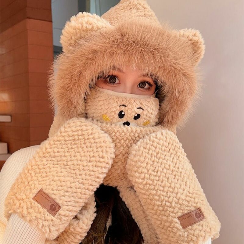 Thickening Hat Scarf Cute Keep Warm Cartoon Bear Hooded Scarf With Gloves Windproof Ear Protection Cap Autumn