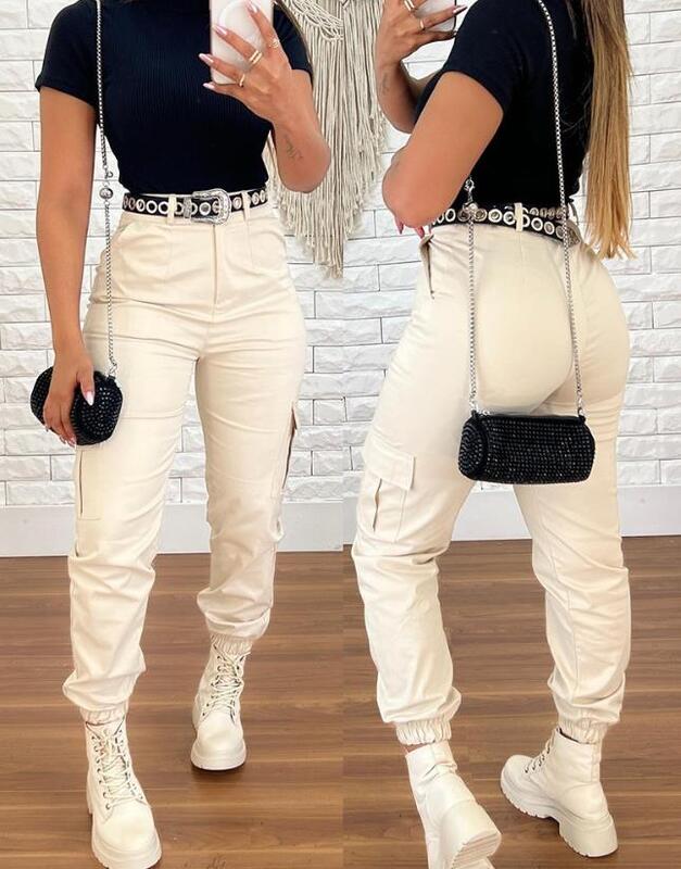 Women's Long Pants 2023 Spring Autumn Solid Color High Waist Pocket Design Cuffed Pants Daily Casual Skinny Pants