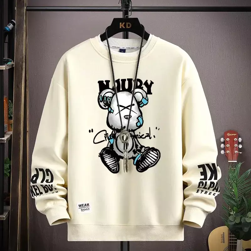 Autumn Men's Sweatshirt Cool Bear Print Long Sleeve T-shirt Fashion Men's Clothing Khaki O Neck Harajuku Exclusive Design Top
