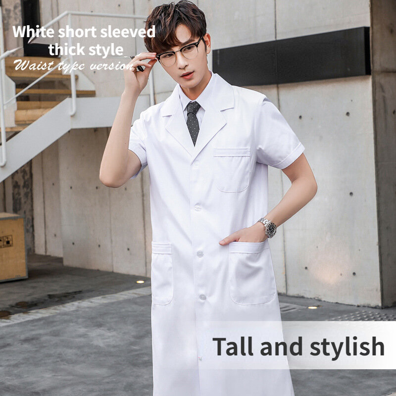 Pakaian perawat kimia laboratorium wanita, mantel seragam dokter lengan panjang putih pakaian pria lengan pendek
