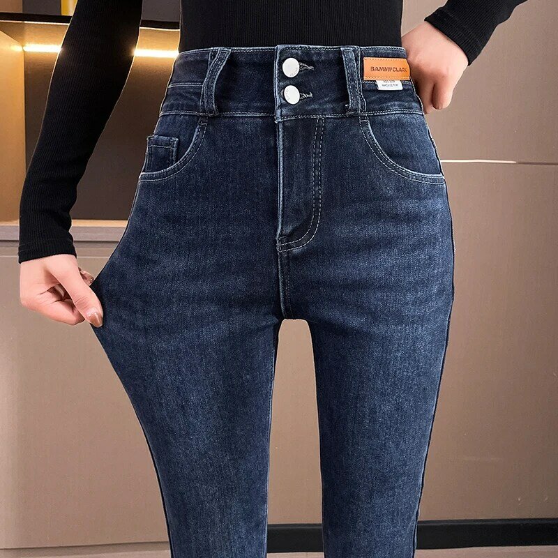 Manter quente outono roupas para as mulheres 2022 elasticidade yk2 inverno velo jeans feminino y2k mulher simples lápis calças harajuku moda
