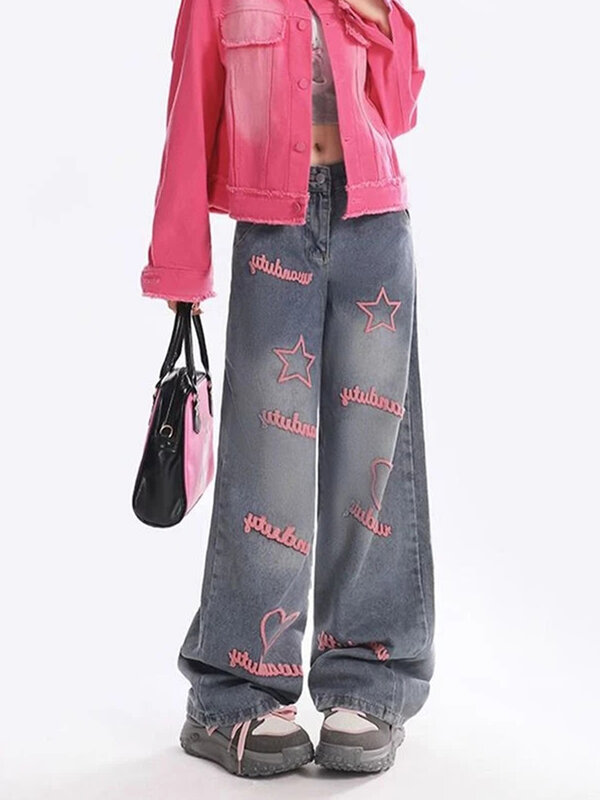 Desain modis dengan jins bordir huruf merah muda musim semi Retro High Street kaki lurus pinggang tinggi longgar lantai jins kaki lebar