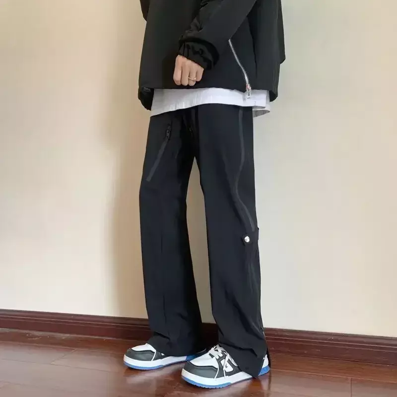 Męskie spodnie Cargo Outdoor męskie spodnie szerokie proste wędrówki czarne bawełniane estetyczne duża, w stylu Harajuku Techwear regularny krój workowate