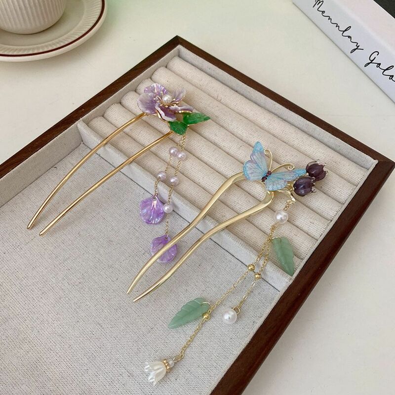 Untuk anak perempuan elegan kupu-kupu mutiara rumbai pengantin Korea Hanfu jepit rambut Cina garpu rambut logam klip rambut wanita tongkat rambut