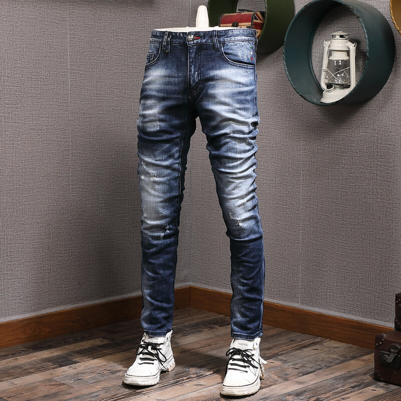 Streetwear modne dżinsy męskie wysokiej jakości Retro czarny niebieski elastyczny Slim Fit porwane jeansy mężczyźni Vintage Designer markowe spodnie Hombre