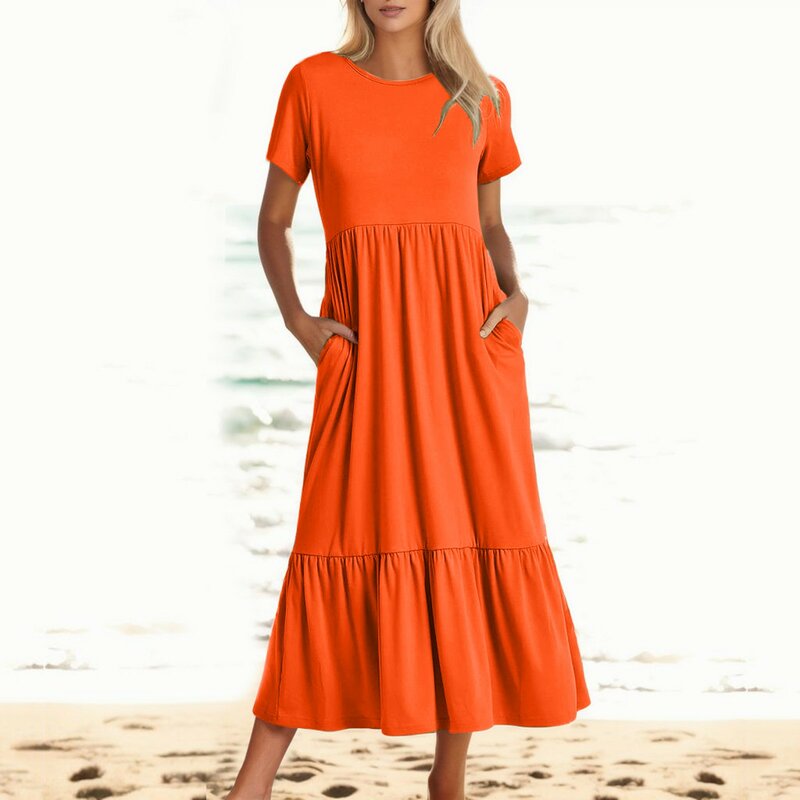 Damen Sommer lässig Kurzarm Crewneck Swing Kleid Mode elegant o Hals Kleid Vintage solide Strand kleid mit Taschen