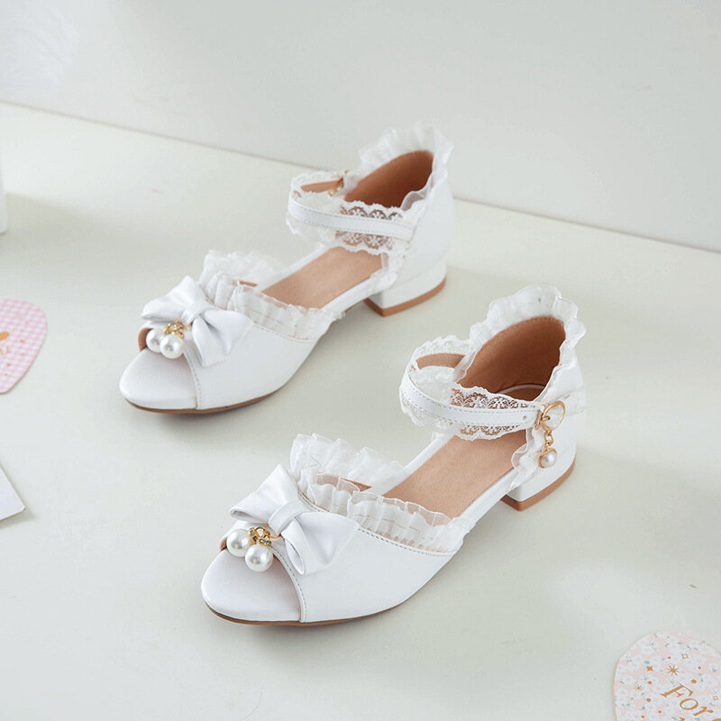 Sandal putri anak-anak sepatu pernikahan anak perempuan sepatu hak tinggi wanita ruffle manis dasi kupu-kupu gaun merah muda putih sepatu untuk anak perempuan 30-43