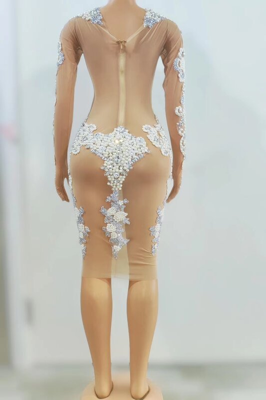 Gaun pendek mutiara batu gemerlap gaun ulang tahun Prom Malam seksi pakaian panggung transparan jaring Lengan Panjang