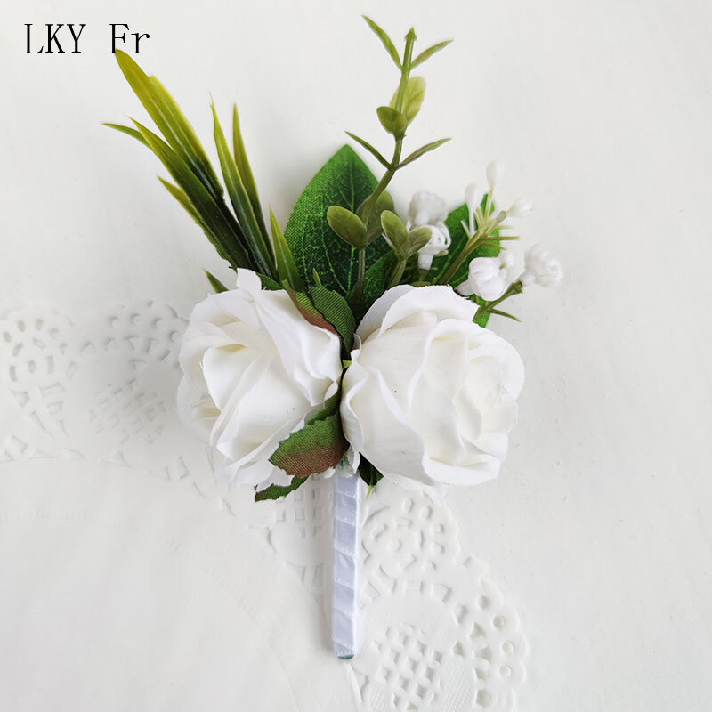Boutonniere อุปกรณ์จัดงานแต่งงานเจ้าบ่าวรังดุมข้อมือเสื้อยกทรงดอกไม้ดอกกุหลาบผ้าไหมเทียมกำไลเพื่อนเจ้าสาว