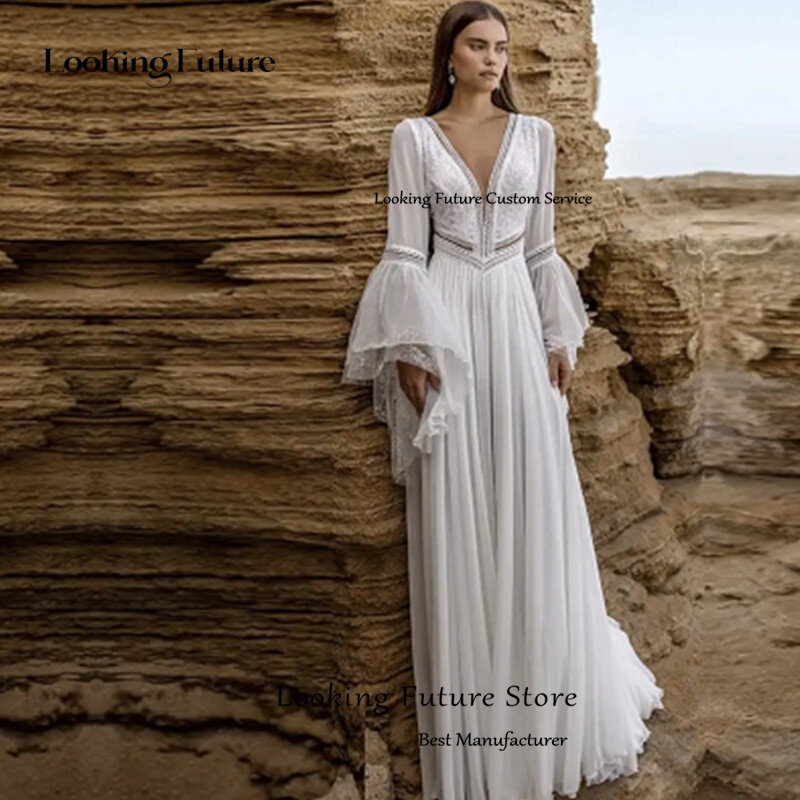 Beach Long White Wedding Dress Chiffon Sexy Deep V-Neck Pleat Rlare Sleeves Simple Lace Backless Floor-Length Wedding Gown 2024