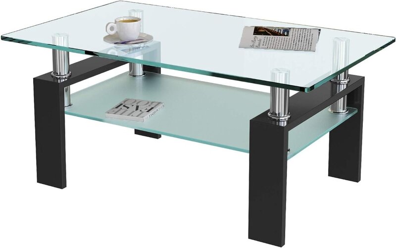 Rectangle Glass Coffee Table-Modern Center Side Coffee Table with Lower Shelf Black Metal Legs-Suit for Living Room (Black)