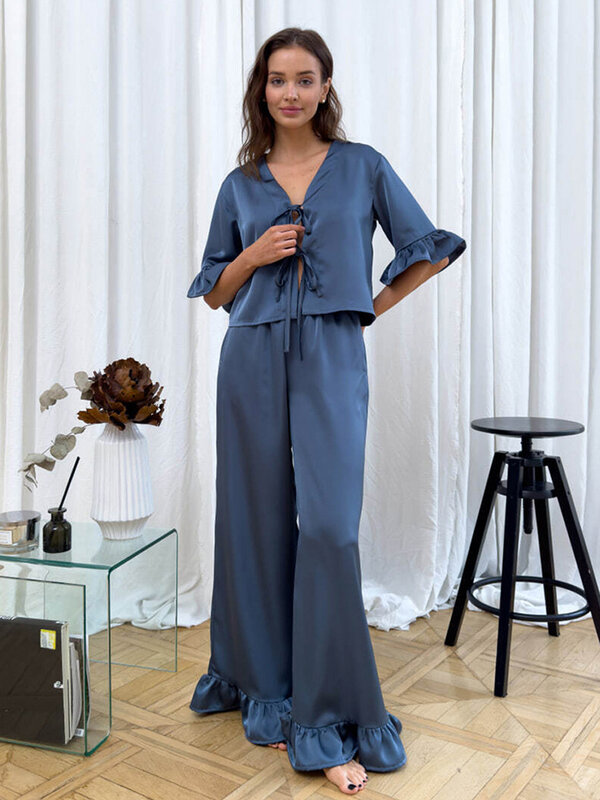 Модные женские ночные рубашки Marthaqiqi, костюмы, пикантная Пижама с V-образным вырезом, пижама на шнуровке, ночная рубашка с коротким рукавом, брюки, Женский комплект ночной одежды