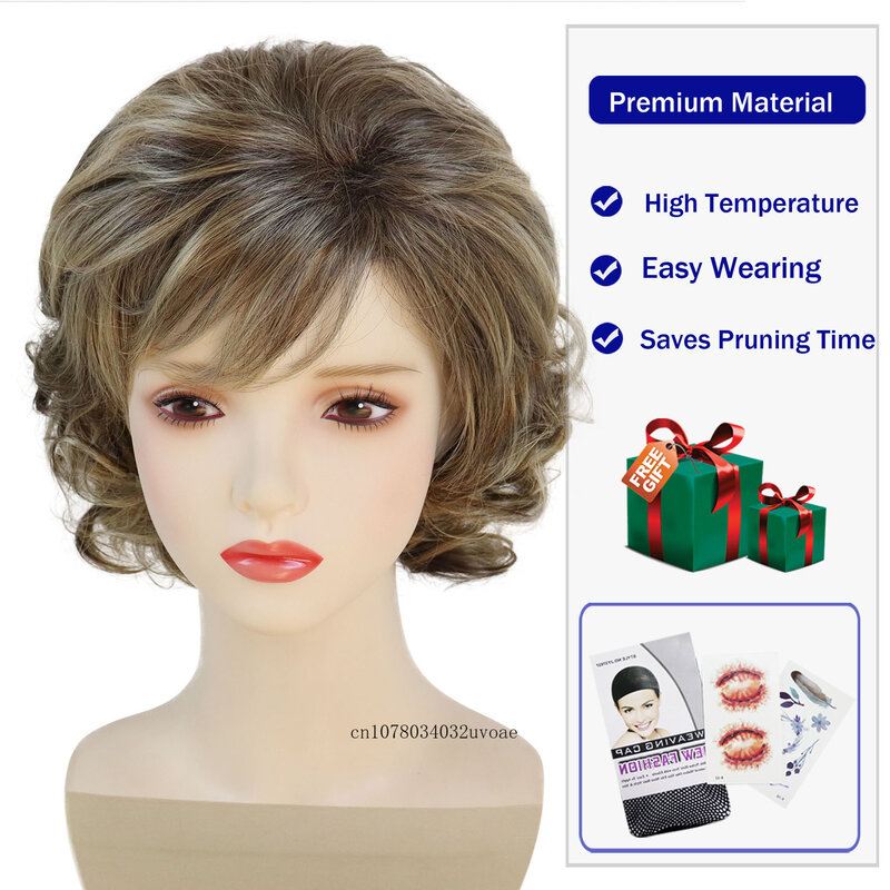 Mix Blonde Hair Wig with Bangs Synthetic  Short Wigs for Women Natural Curly Hairstyle Mommy Bob Wig Daily Cosplay Costume Party