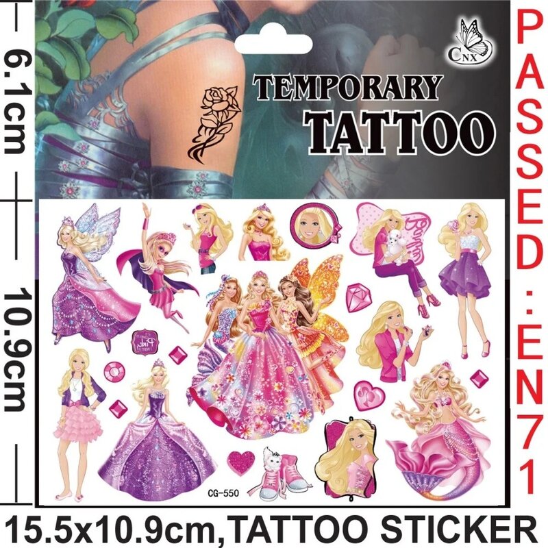 1/3/5 Sheet Barbie Tattoo Sticker Waterproof Original Pink Princess Sticker Birthday Party Supplies Decorations Kids Girls Gifts