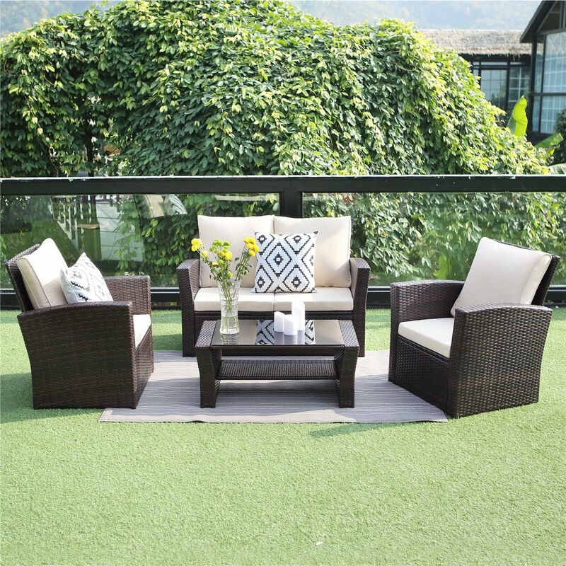 4PCS Patio Furniture Sets, All-Weather Wicker Conversation Sets, Outdoor Rattan Sectional Sofa Chair with Cushions &Coffee Table