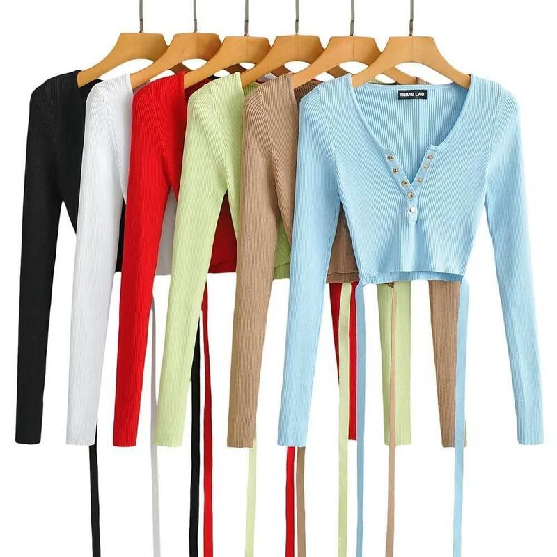 Suéteres Sexy con cuello en V para mujer, jerséis cortos de punto acanalado, ajustados, elásticos, de Color sólido