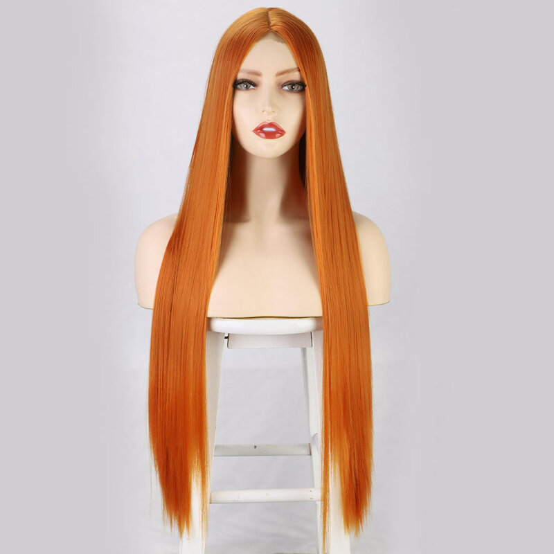 Wig sintetis renda depan lurus merah muda untuk wanita Cosplay 32 inci tahan panas Bagian T HD renda Frontal rambut alami perruque