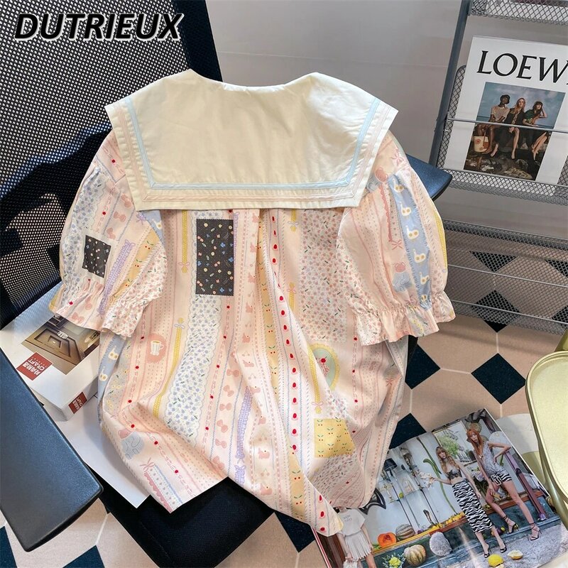 Blusa floral de cor contrastante feminina, camisa de manga curta, blusa listrada retrô, laço bonito, estilo japonês, gola marinheiro, tops de verão, doce