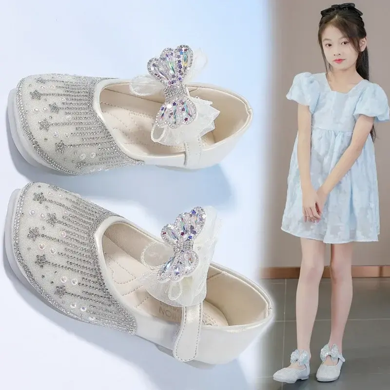 Girls' Flats 2024 New Fashion Kids Leather Shoes Korean Style Soft Sole Rhinestone Princess Shoes Children's Sweet Crystal Shoes