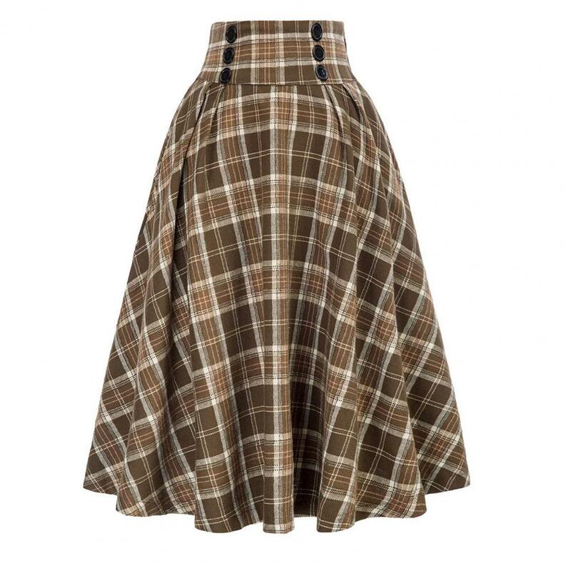 High Waist A-line Skirt Elegant Retro Ruffle Maxi Skirt with Colorblock Plaid Print Soft Pockets for Women High Elastic Waist