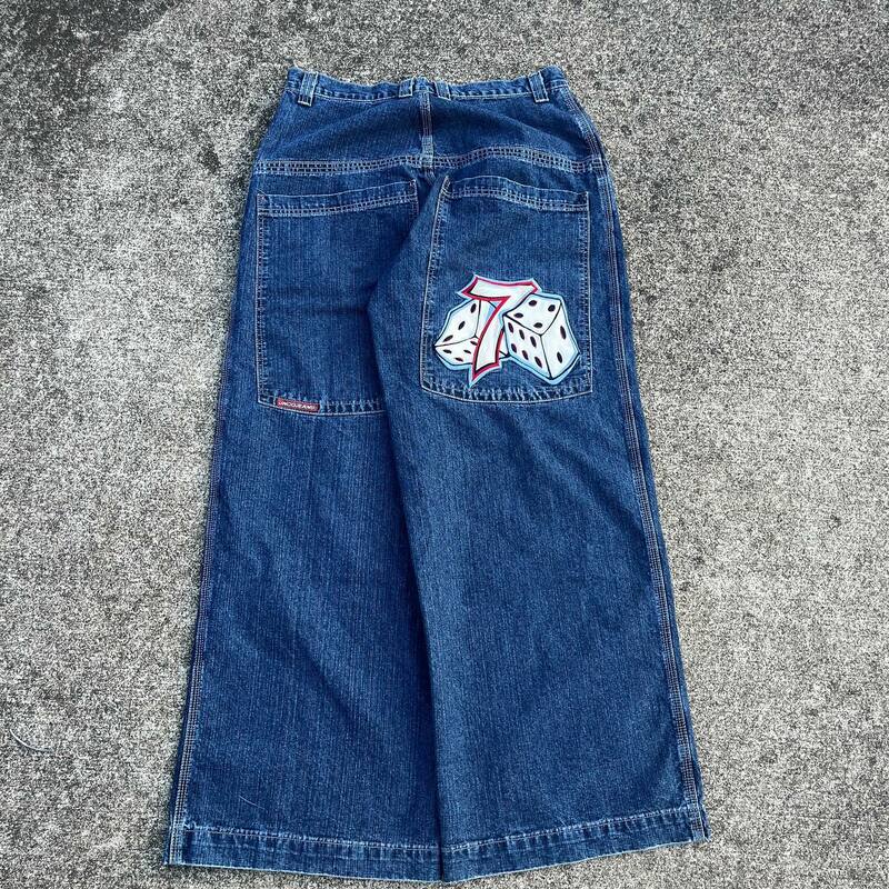 Spodnie dżinsowe z haftem JNCO 7 szerokie z szeroką nogawką luźne Y2k Streetwear w stylu Vintage wydruk graficzny workowate dżinsy spodnie z wysokim stanem dla mężczyzn