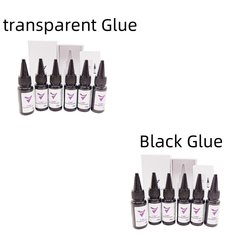 Pegamento transparente y Negro v-light para extensión de cabello de cinta, tecnología v-light, pegamento para peluca HairExtension, pieza de cabello, 20g