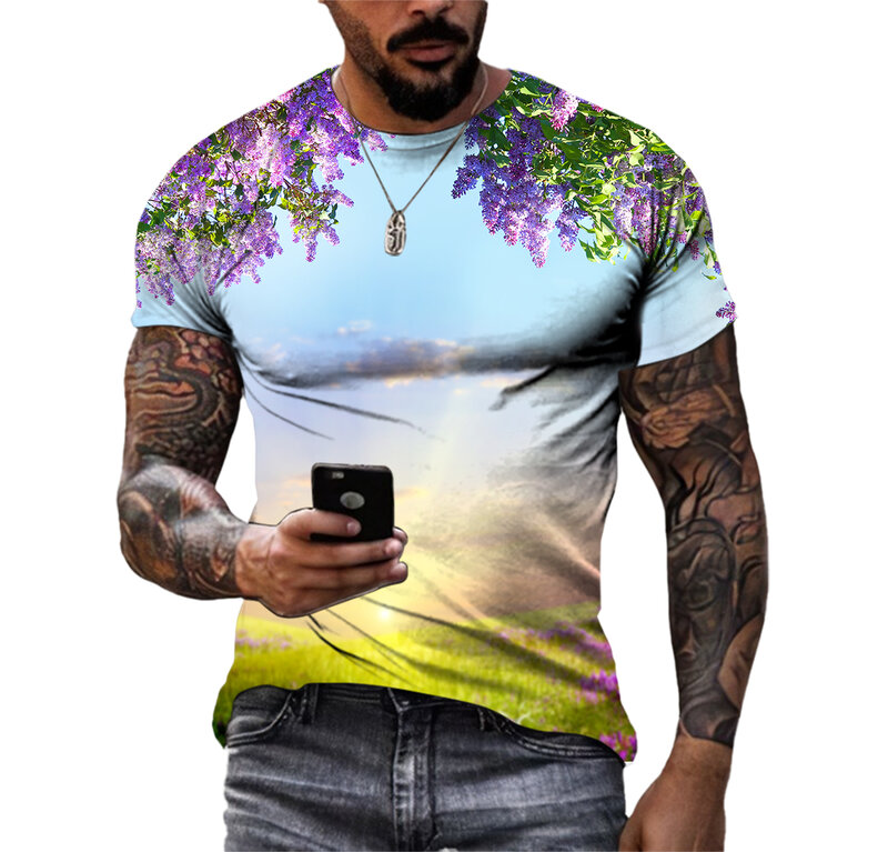 T-shirt manches courtes col rond pour homme, imprimé en 3D HD, style Hip-Hop, personnalité Harajuku, paysage naturel