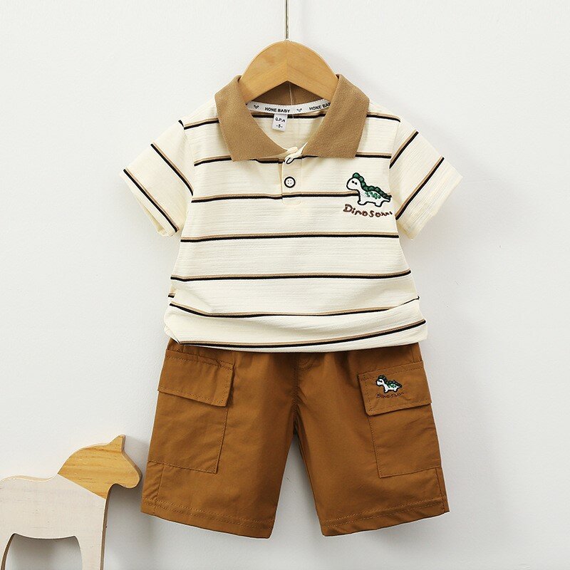 Комплект летней одежды для маленьких мальчиков из 2 предметов, рубашка-поло в полоску с коротким рукавом и принтом с буквами динозавров, свободные шорты, костюм, наряды для новорожденных мальчиков