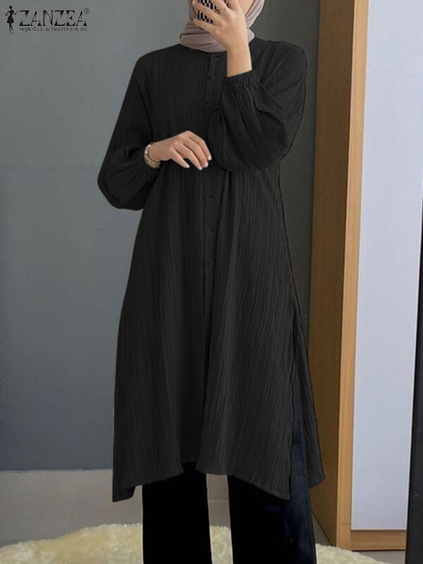 ZANZEA camisa con dobladillo dividido para mujer, Blusas de fiesta de vacaciones, ropa islámica de Dubái, Tops largos de trabajo sólidos de manga larga elegantes, moda de otoño