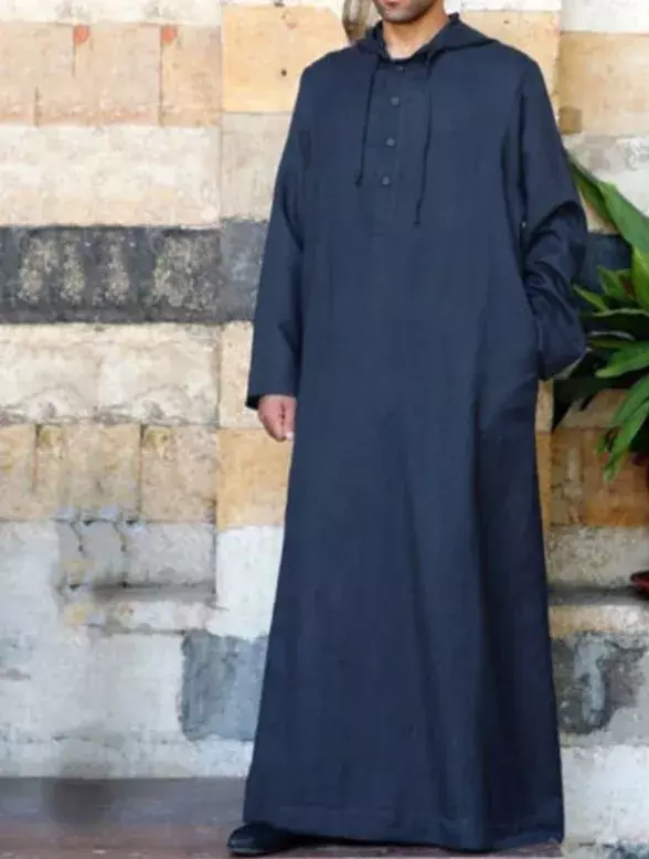 Muslim Men Jubba Thobe Long Sleeve Hooded Breathable Robes Men Thobe Robe Loose Dubai Saudi Arab Kaftan Men Clothes