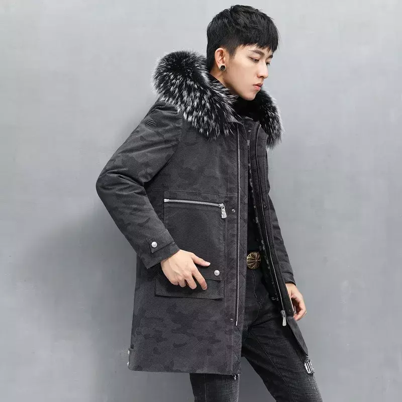 AYUNSUE Jaket Kulit Asli Musim Dingin Mantel Lapisan Bulu Kelinci Parka Pria Panjang Sedang Jaket Bulu Hangat Jaqueta Masculina Lq