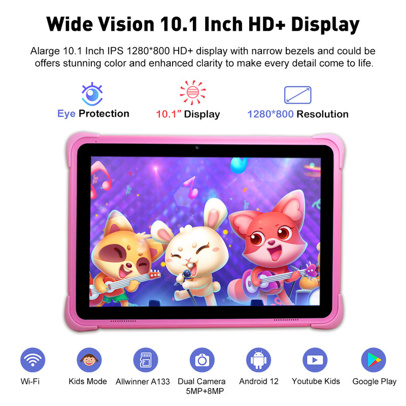 Cwowdefu 10.1 Inch Children Tablets Android 12 Quad Core 4GB 64GB WIFI Learning Tablets for Kids Toddler wIth Kids Mode 6000mAh