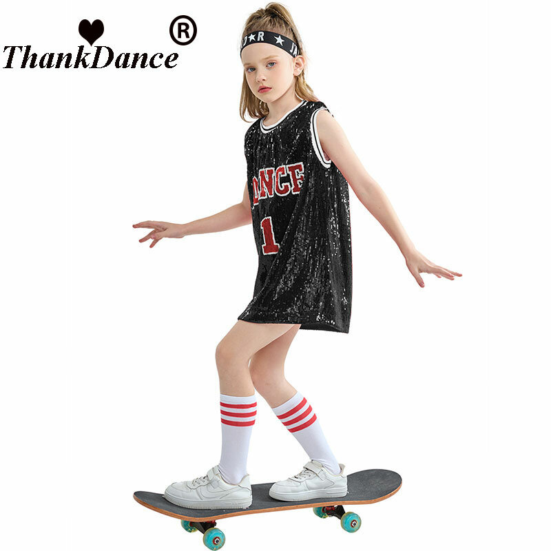 Thankdance-Disfraz de baile de lentejuelas para niña, camiseta sin mangas con purpurina, calcetines, trajes de actuación en escenario, 5 a 12 años