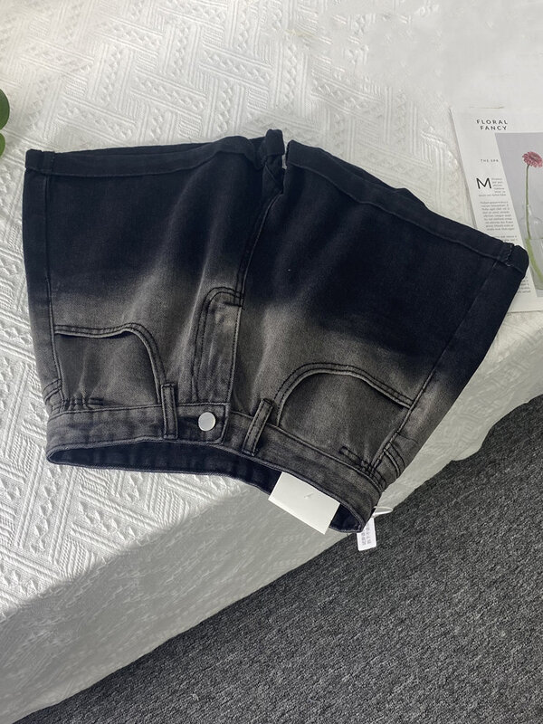 Women Black Gothic Denim Shorts High Waist Wide Shorts Harajuku Y2k Casual Vintage Korean Style A-line Jeans Short Pants Summer