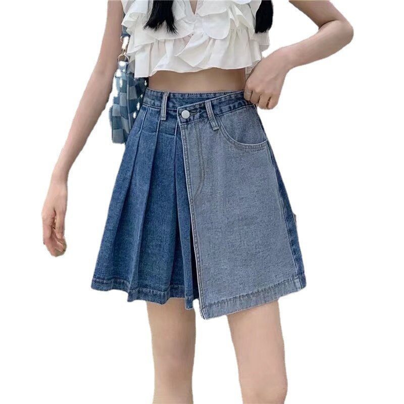 Женская джинсовая юбка с завышенной талией, плиссированная Свободная юбка составного кроя в Корейском стиле
