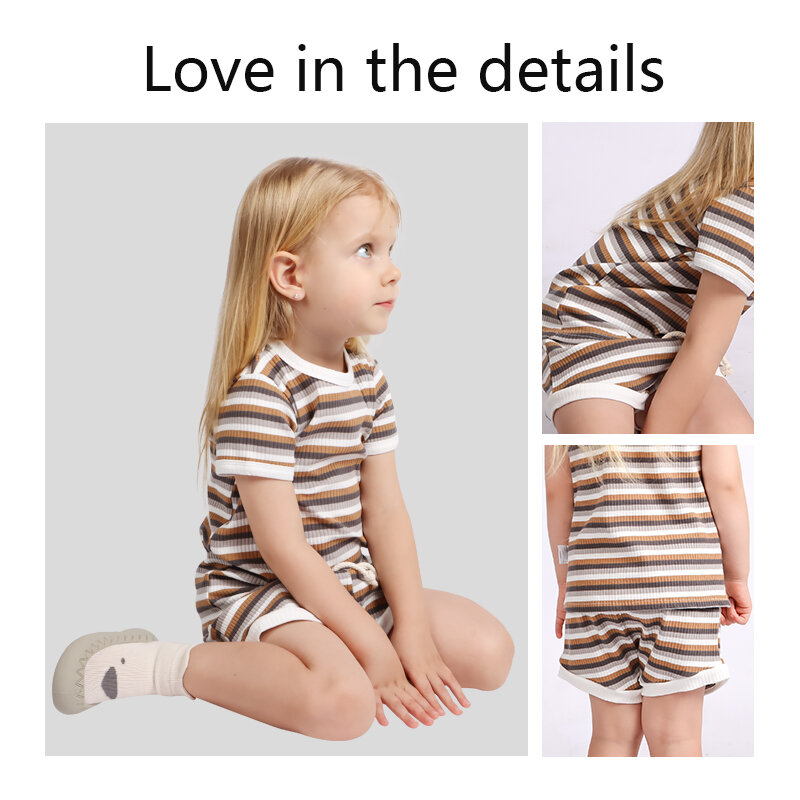 Modamama-아기 옷 한 벌, 부드러운 통기성 코튼 스트라이프 여름 복장, 아기 의류 짧은 민소매 2 피스 세트, 아기용 점프 슈트