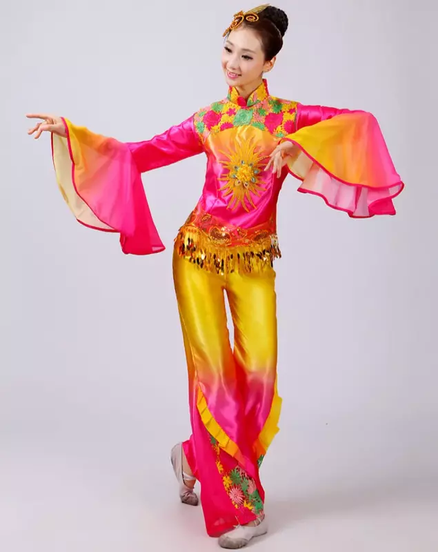 Ropa tradicional china para mujer, traje amarillo de Fan de la danza folclórica de Yangko antiguo, trajes de baile para mujer