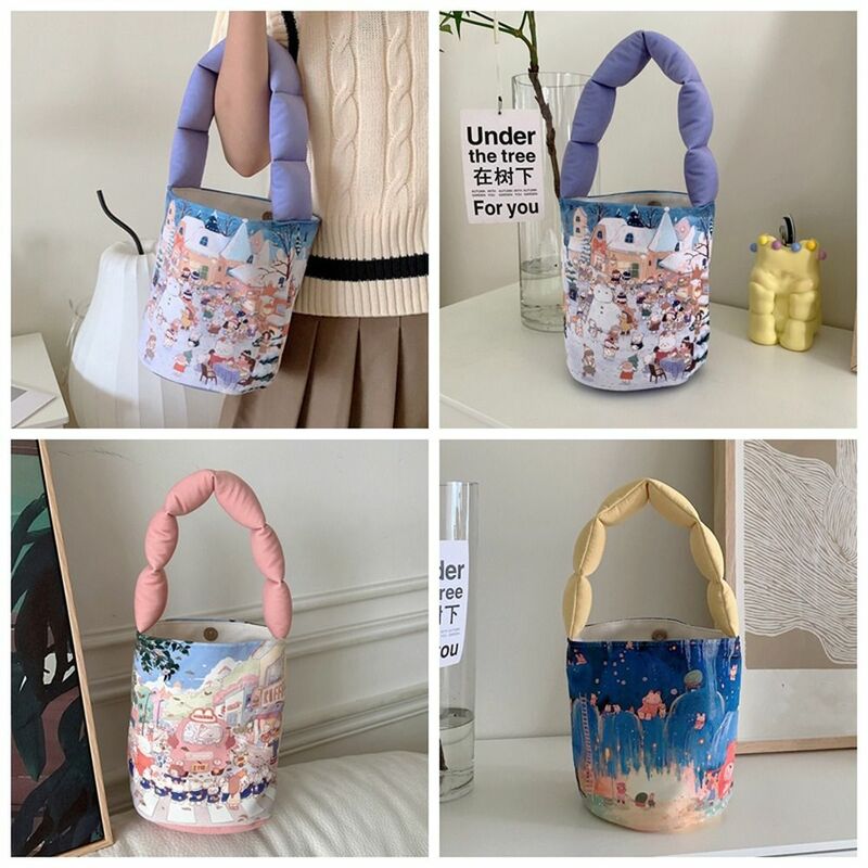 Print Rabbit Canvas Bag Kawaii Snowman Large Capacity Cartoon Handbag Ins Style Storage Bag Animal Bucket Bag Female/Girls
