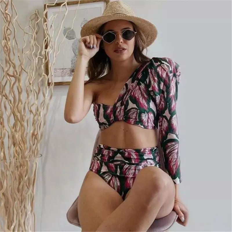 Conjunto de biquíni estampado moda praia para mulheres, maiô saia envoltório, cintura alta para cobrir, sarong sexy mais maiô, novo, 2024