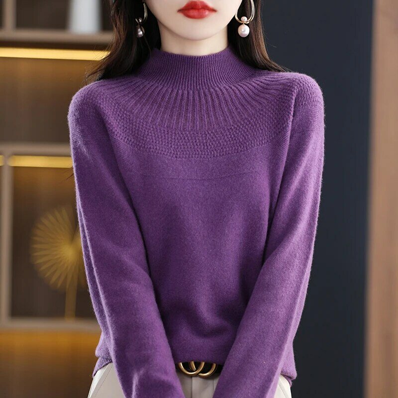 Sweter Pullover Desain Tinggi Pembentuk Satu Garis Mulus Nyaman Musim Gugur Hangat Lembut Turtleneck Wol Murni Merino Sangat Indah untuk Wanita