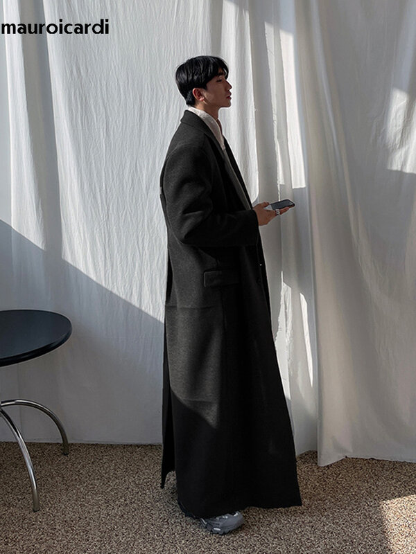 Mauroicardi-Casaco de lã preta masculino, sobretudo longo, comprimento do chão, solto, casual, quente, luxo, moda coreana, outono, inverno