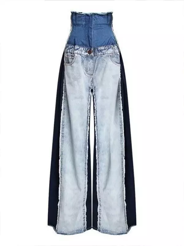 Women High Waist Jeans Patwork Vintage Streetwear Denim Pants Casual Colorblock Patchwork Raw Trim Wide Leg Denim Jeans Trousers